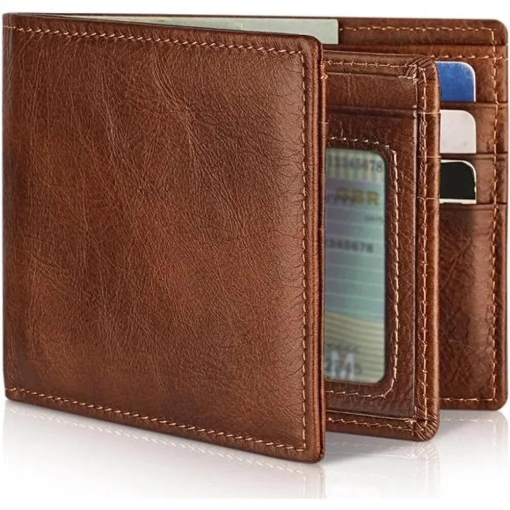 Mens Leather Bifold Wallet RFID Blocking 13 Card Holder 2 Cash Pockets ID Window
